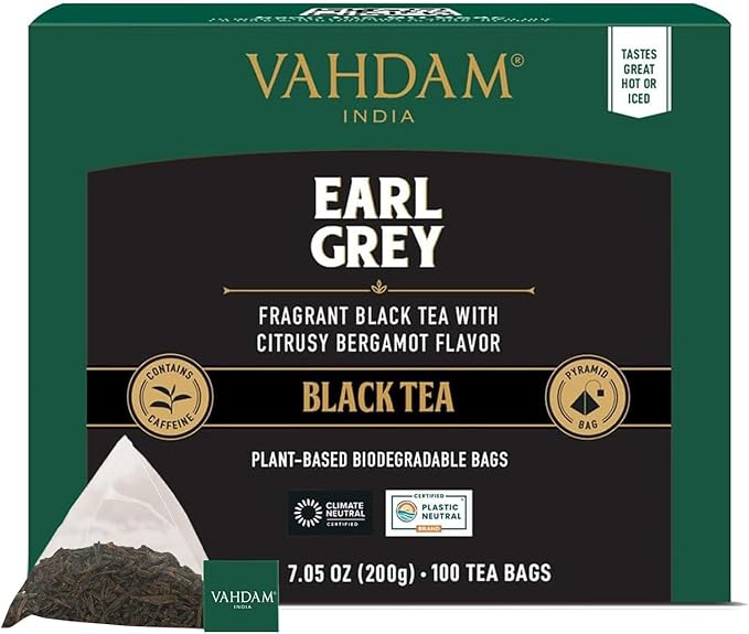 VAHDAM Earl Grey Black Tea Bags (100 Count) Medium Caffeine Non GMO Gluten Free | Citrus Bergamot &amp Smooth | Resealable Ziplock Pouch | Plant Based Tea Bags