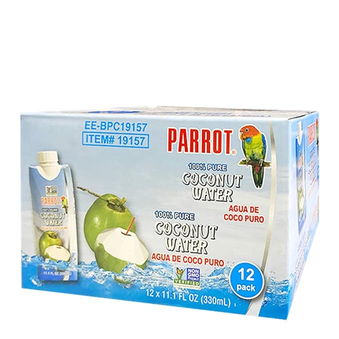 Parrot 100% Pure coconut water 11.10 fl oz 100% Juice Refreshing Coconut Taste Natural Essential Plant Based Non-GMO Electrolytes Antioxidant Low Calorie Hydrating(Pack of 12)
