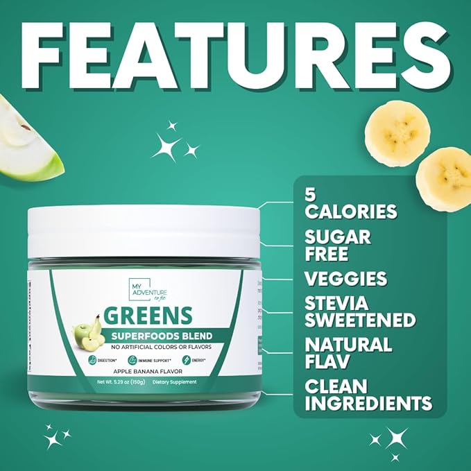Green Superfood Powder for Digestion &amp Gut Health - Keto Friendly Superfood Greens Blend Powder for Immune Support - Powdered Greens Supplement for Immune Boost - Apple Banana Flavor