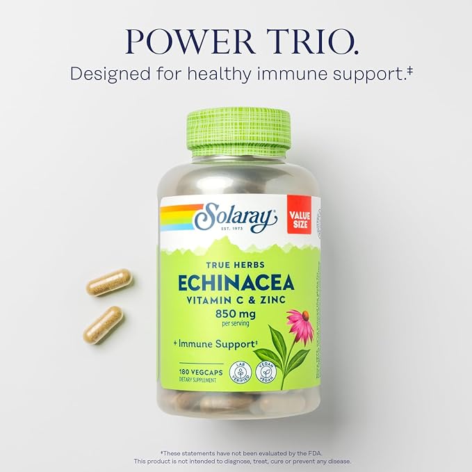 SOLARAY Echinacea with Vitamin C &amp Zinc – Immune Support Supplement – Echinacea Capsules with Vitamin C 500 mg Plus Bioflavonoids Vegan 60-Day Guarantee 90 Servings 180 VegCaps