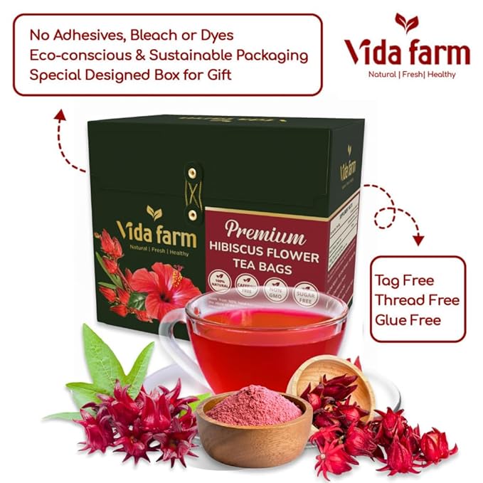 VIDA FARM 50 Hibiscus Tea Bags Natural Dried Hibiscus Flowers Tea Bags Roselle Hibiscus Sorrel Tea Jamaica Roselle Tea No Sugar No Caffeine No Gluten
