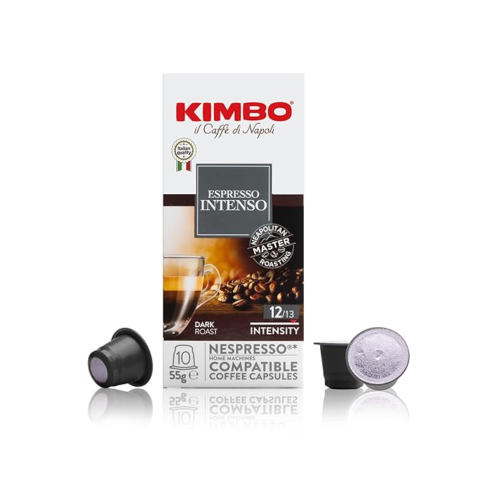 Kimbo Espresso Intenso Single Serve Compatible Coffee Capsules - Blended and Roasted in Italy - Dark Roast with Dark Chocolate Flavor - 10 Count