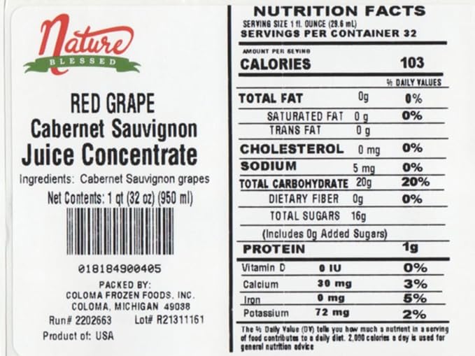 Nature Blessed 100% Pure Cabernet Sauvignon Red Grape Fruit Juice Concentrate -1 Quart (1/32 fl oz bottle) Great for Home Wine Making Brewers Distilling Smoothies