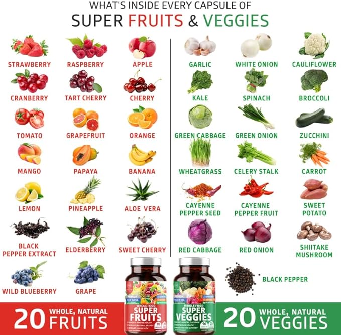 N1N Premium Super Fruits &amp Veggies Supplement 180 Caps Whole Food &amp Natural Superfood for Women Men &amp Kids - Packed with Aloe Vera Vitamins &amp Minerals