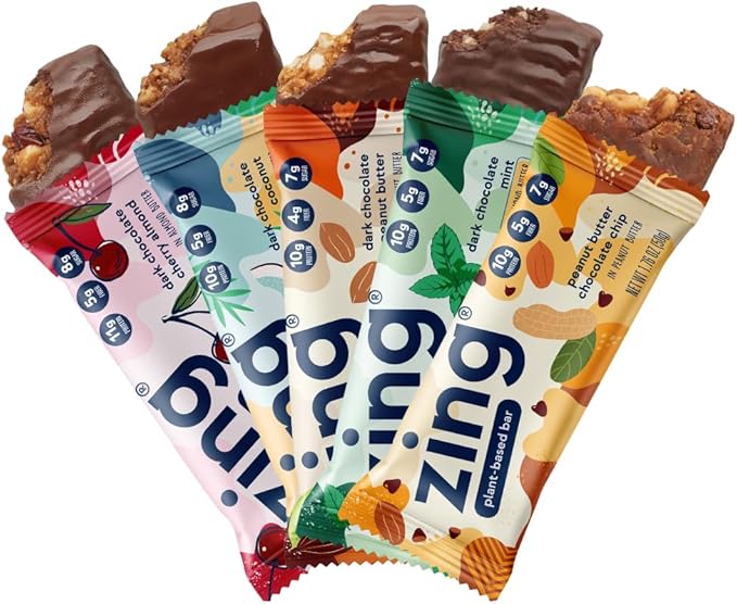 Zing Vegan Protein Bars Variety Pack - Top 5 Flavors Gluten Free Nutrition Bars High Protein &amp Fiber Soy Free Dairy Free Plant Based Protein Kosher Low Sugar No Sugar Alcohols - 12 count