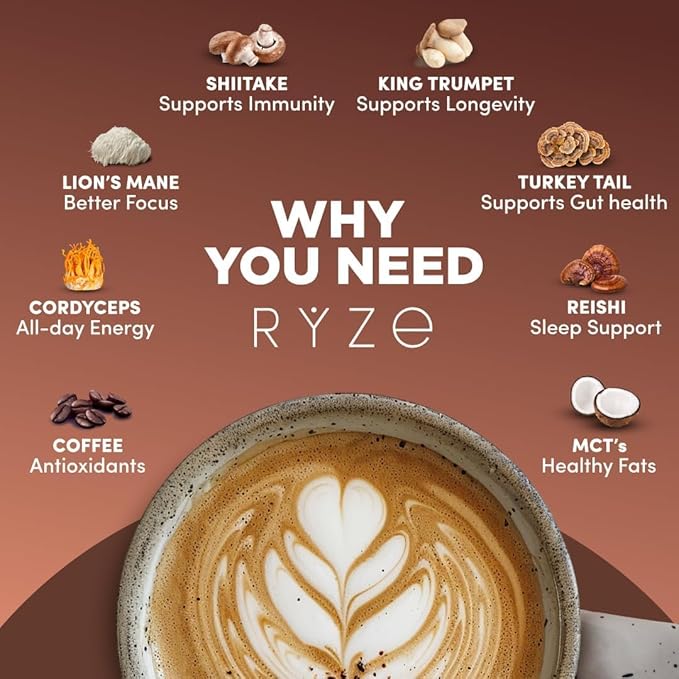 RYZE SUPERFOODS Mushroom Dark Roast Coffee Starter Kit Instant Coffee with 6 Adaptogenic Mushrooms and Better Energy Focus Digestion Immunity with Lions Mane &amp Turkey Tail 30 Serving Each