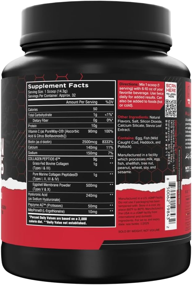 Unmatched Collagen Peptide-6 | Multi-Source Collagen Powder with Vitamin C Biotin &amp Hyaluronic Acid | Supports Skin &amp Joint Health | 32 Servings (Vanilla Creme)