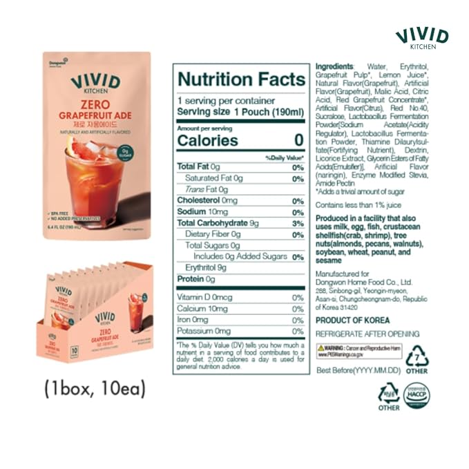 VIVID KITCHEN Korean Grape Ade – Grapefruit Flavor – Zero Sugar Zero Calories – 6.4 fl oz (10 Pouches) – No Corn Syrup or Preservatives – Refreshing Korean Drink for Healthy On-the-Go Hydration