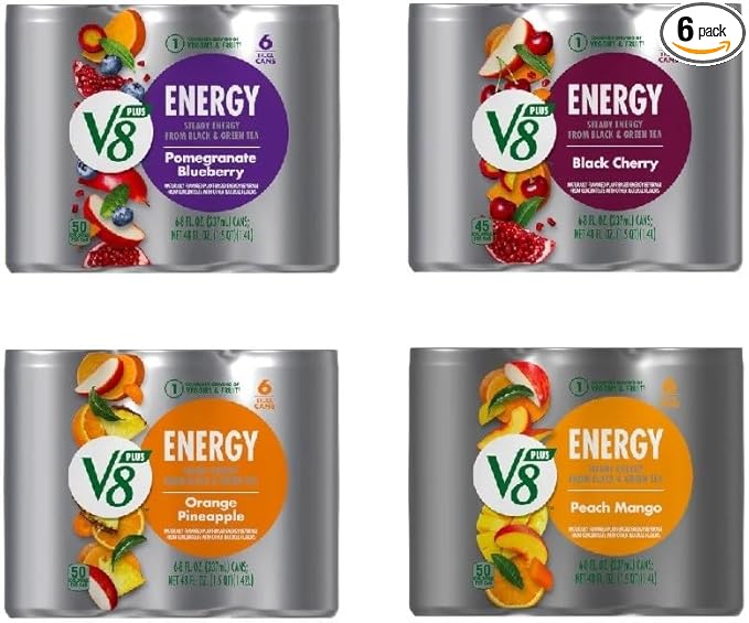V8 +Energy Drink Variety Pack Pomegranate Blueberry Black Cherry Orange Pineapple Peach Mango 8 Fl Oz (4 Packs of 6 Cans)