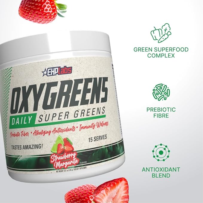 EHP Labs OxyGreens Super Greens Powder with Spirulina &amp Chlorella Prebiotic Fiber Probiotics &amp Digestive Enzymes – Antioxidant Green Superfood Supplement - 15 Serves (Strawb. Margarita)