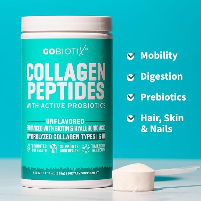 GOBIOTIX Collagen Powder Supplement with Probiotics - Hydrolyzed Protein Collagen Powder for Women - Hair Skin and Nails Joint and Digestive Health - Collagen Peptides Type I and III - 30 Servings