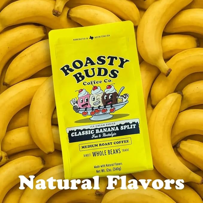 Roasty Buds Banana Split Whole Bean Coffee – 12oz Bag | Gluten-Free Non-GMO No Sugar Dairy Soy or Egg | Dessert-Inspired Bold &amp Smooth Medium Roast