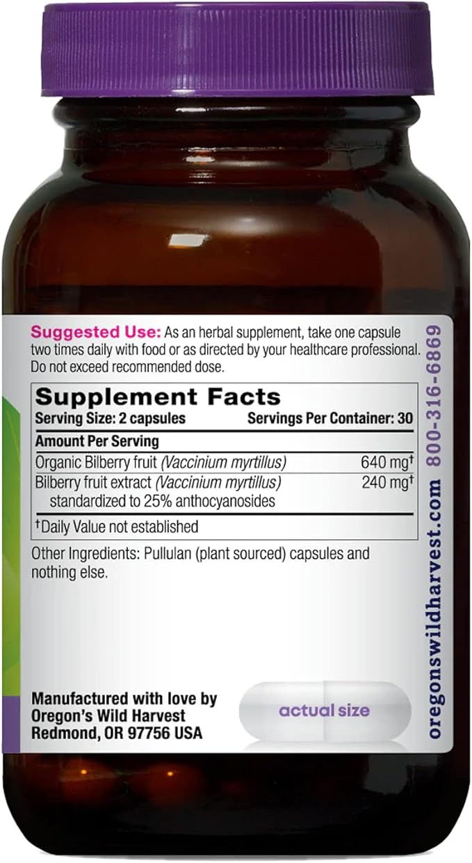 Oregon's Wild Harvest Bilberry Herbal Supplement Vegan Capsules 880 mg 60 Count