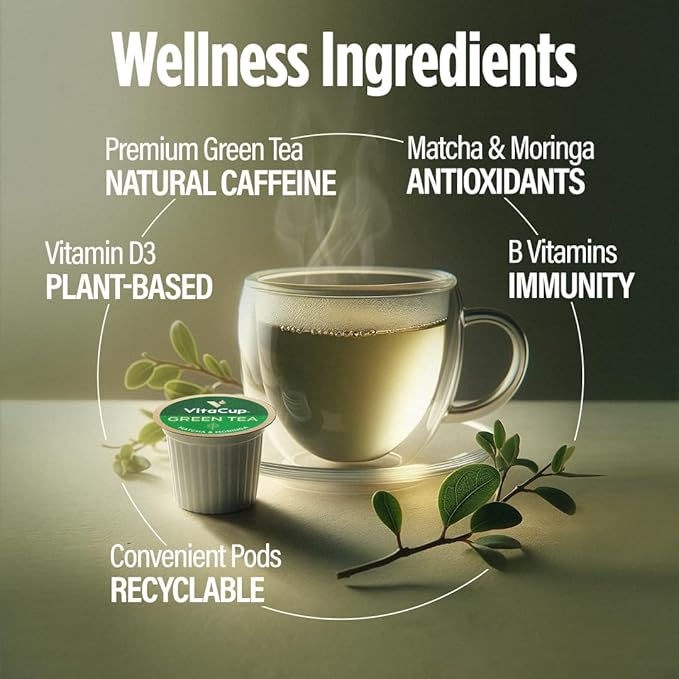 VitaCup Green Tea Pods Enhance Energy &amp Detox with Matcha Moringa B Vitamins D3 Keto Paleo Vegan Single Serve Pod Compatible with Keurig K-Cup Brewers32 Ct