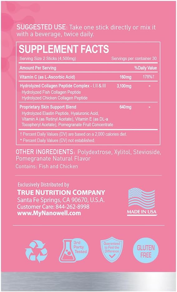 NANOWELL 3H Collagen Peptide 60 Sticks X 3 Boxes for 3 Months - I II &amp III with Vitamin AC E Hydrolyzed Elastin Peptide and Hyaluronic Acid - Hair Nail Skin and Joint Support (180 Count)