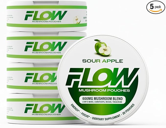 Mushroom Nootropic Pouches - 600mg Organic Mushroom Energy Ultra Pouches with Lion's Mane Reishi Cordyceps for Focus &amp Clean Energy - Zero Caffeine or Sugar (5 Can Pack Sour Apple)