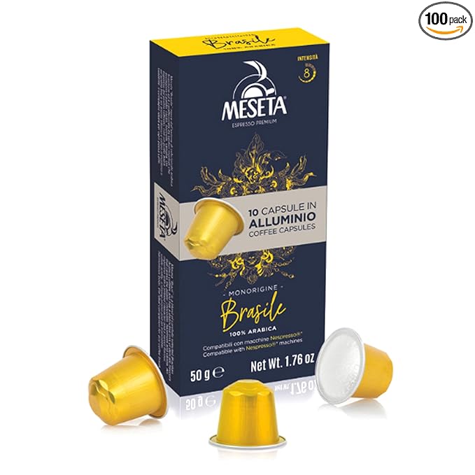 Meseta Monorigine Brasile 100 Nespresso Compatible Aluminium Coffee Capsule Pack -For Use in Nespresso Essenza Pixie Citiz Inissia Lattissima Maestria other Nespresso Originaline Machines - 100c