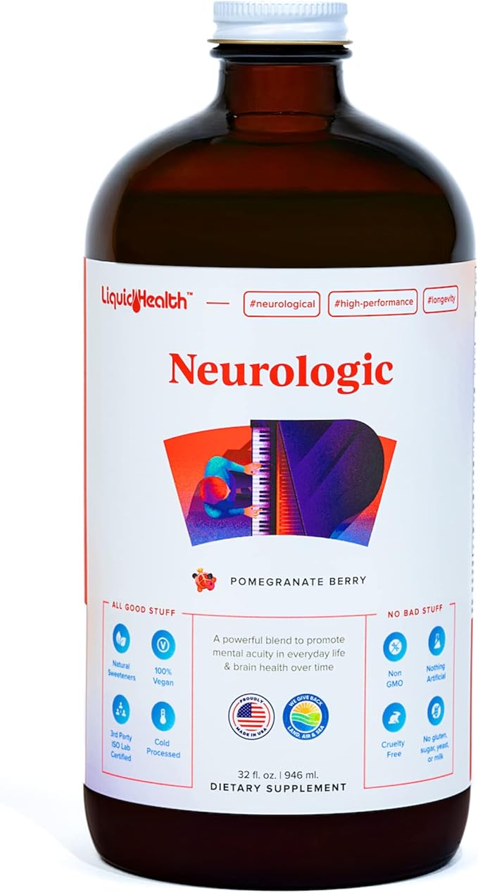 LIQUIDHEALTH Neurologic Focus Supplement - Brain Booster Nootropic Supplement for Cognitive Function Memory &amp Focus with Ginkgo Biloba Choline L-Theanine &amp Phosphatidylserine - USA Made (32