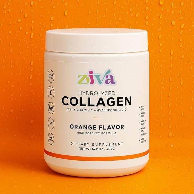 ZIVA Hydrolyzed Collagen – Orange Flavor | with Vitamin C &amp Hyaluronic Acid | High Potency | Dairy-Free Gluten-Free