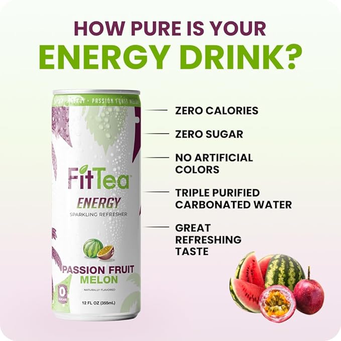 FitTea Healthy Energy Drink 12 Fl Oz - Passionfruit Melon Sparkling Refresher (12 Pack) Natural Green Tea Energy Drinks Sugar Free