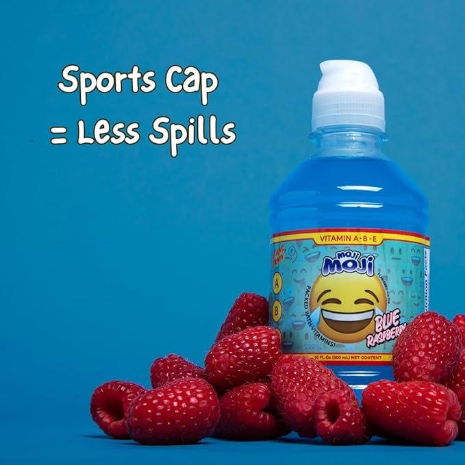 MOJI-MOJI Kids Vitamin Drink – with Vitamins A B &amp E Fun Emoji Bottles 4 Flavors Sports Cap Spill-Resistant 10.1 Fl Oz Pack of 24 (10.1 Fl Oz Peach Mango)