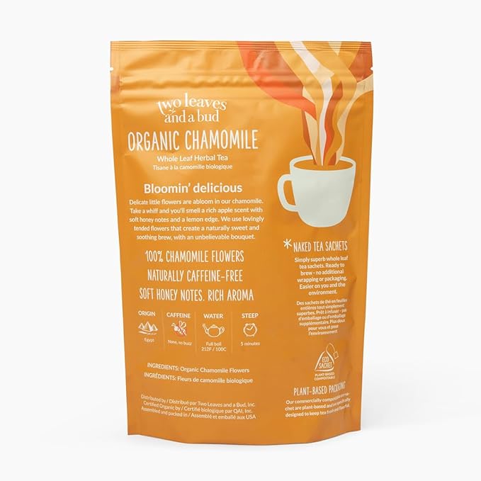 Two Leaves and a Bud Organic Chamomile - 50 Naked Tea Sachets Naturally Caffeine Free Whole Leaf Herbal Tea in Eco-Friendly Unwrapped Compostable Sachets Resealable Bag 50 Count (Pack of 1)
