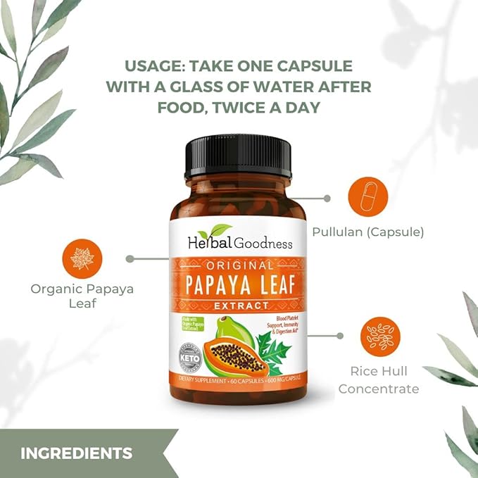 Herbal Goodness Papaya Leaf Extract Digestive Enzymes - 10X Strength 60/600mg Veg Capsules- Blood Platelet Bone Marrow &amp Spleen Support Immune Gut &amp Super Digestive Health - Made in USA