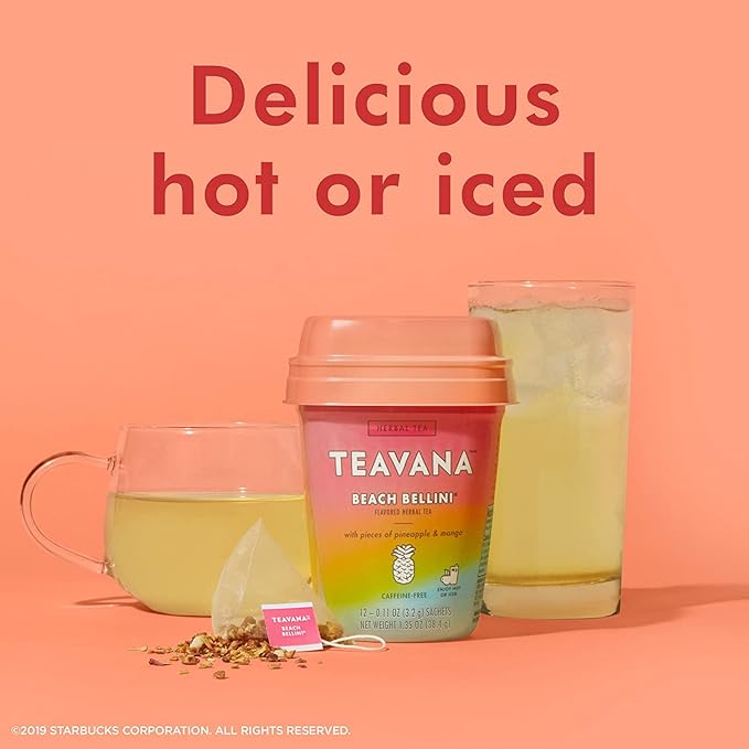Teavana Beach Bellini and Lemon Ginger Bliss Herbal Tea - 12 Sachets Each (24 Total) Plus 12 GoHealthful Pure Raw Organic Honey Sticks Equal to 2.11 Ounces of Clover Honey