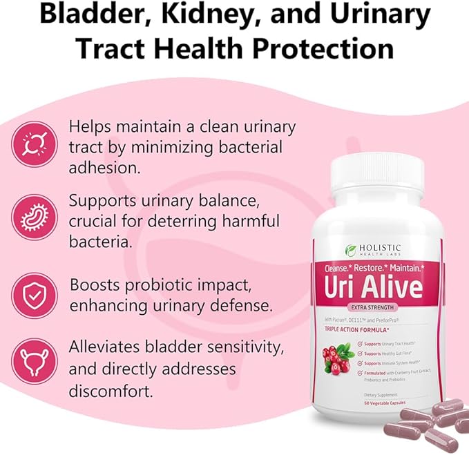 Uri Alive Extra Strength Urinary Support Supplement for Urinary Tract Bladder Gut Flora and Immune System Health (60 Count (Pack of 2))