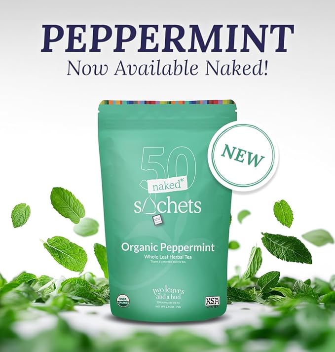 Two Leaves and a Bud Organic Peppermint - 50 Naked Tea Sachets Naturally Caffeine Free Whole Leaf Herbal Tea in Eco-Friendly Unwrapped Compostable Sachets Resealable Bag 50 Count (Pack of 1)