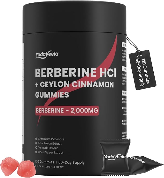 Berberine HCl Gummies Supplement 2000mg High Potency Berberine with Ceylon Cinnamon Chromium and Bitter Melon for Women &amp Men Metabolism Support AMPK Sugar Free Vegan 120 Count 60 Day Supp