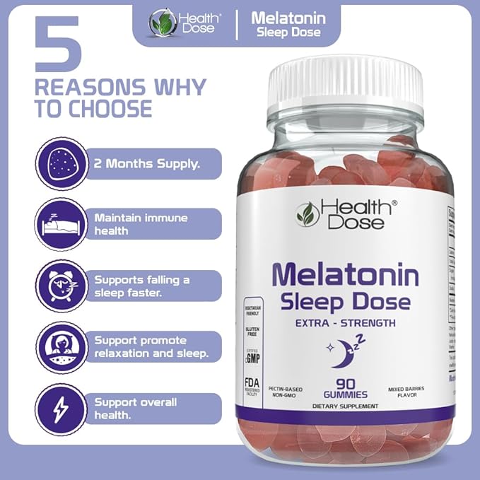 Health Dose Melatonin 6 mg Extra Strength Gummies Pre-Bedtime Supplement for Restful Sleep for Adults 90 Gummies Mixed Berries Pack of 3