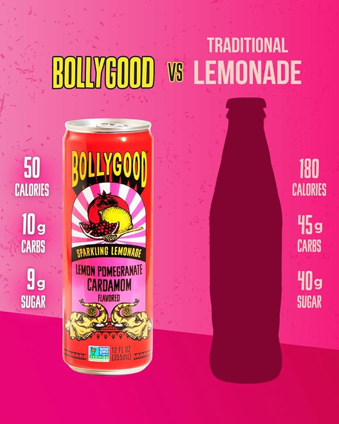 Bollygood Sparkling Lemonade Lemon Pomegranate Cardamom Indian Inspired Beverage Nimbu Pani No Artifical Colors or Flavors Non-GMO Project Verified 12 FL OZ Cans (Pack of 12)