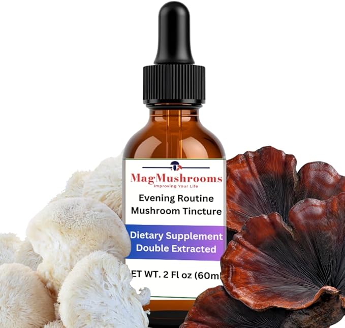 Evening Routine Mushroom Tincture High Potency Double Extracted 60 Daily Doses Reishi and Lion's Mane