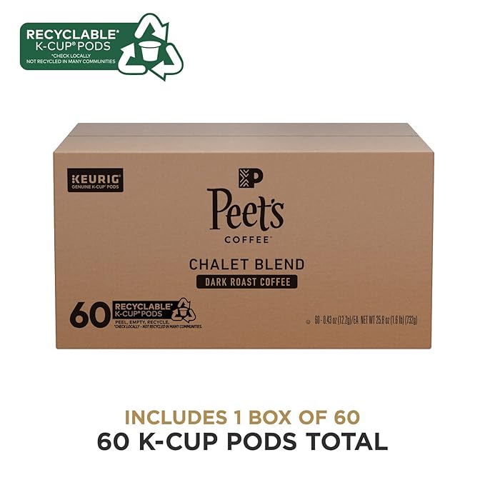 Peet's Coffee Dark Roast Keurig K-Cup Pods 100% Arabica Coffee - Chalet Blend 60 Count (1 Box of 60 K-Cup Pods)