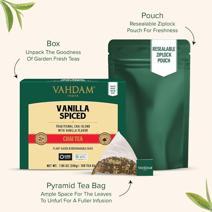 VAHDAM Vanilla Spiced Chai Tea | 100 Tea Bags | Delicious Blend of Vanilla Masala Chai | Brew Hot Cold or Iced