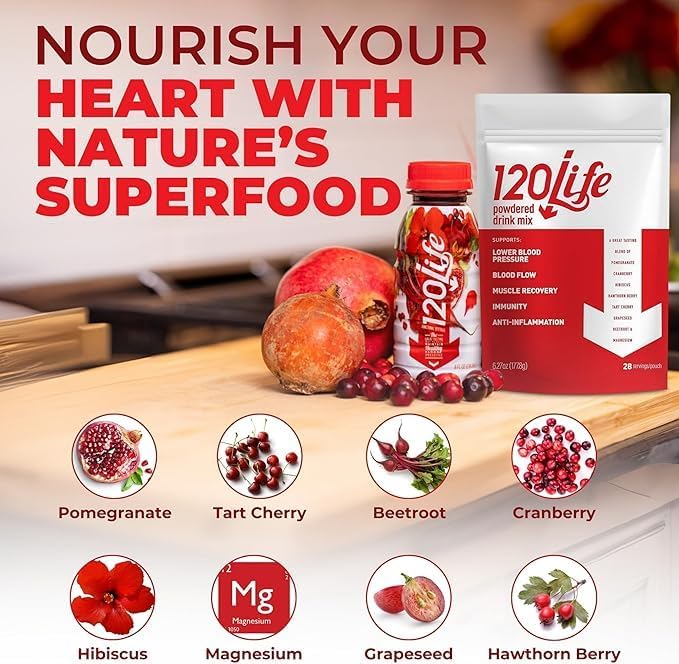 120LIFE Blood Pressure Support Natural Beet Root Powder Drink Mix with Pomegranate Powder Cranberry Supplement Tart Cherry Hibiscus and Magnesium (28 Servings) - Gluten-Free Vegan