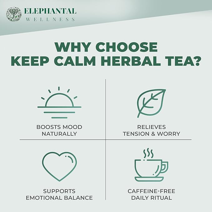 Elephantal Wellness Keep Calm Herbal Tea | Stress Relief &amp Mood Support with Ashwagandha Lemon Balm Chamomile Valerian &amp St. John’s Wort | Handmade Caffeine-Free Loose Leaf Blend | 2oz 20