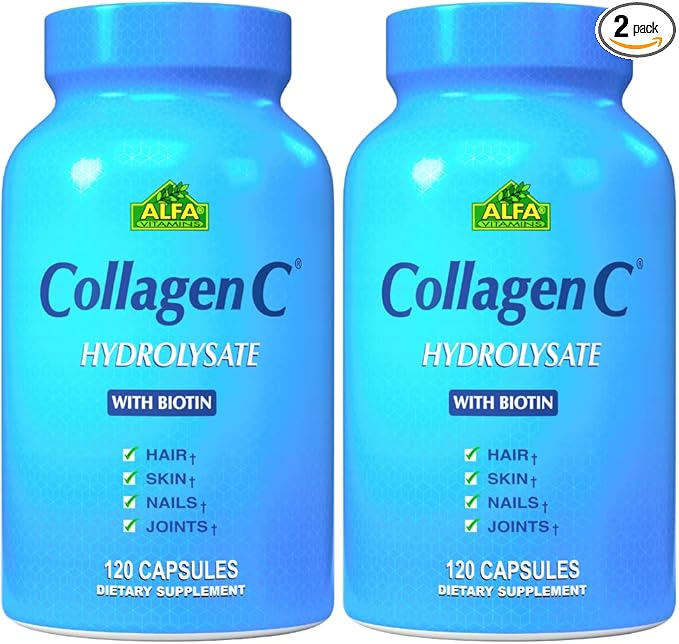 ALFA VITAMINS CollagenC Collagen Hydrolysate Capsules with Biotin - Anti-Aging Nutritional Supplement for Skin Nails &amp Hair Rejuvenation - Supports Bone &amp Muscle - Made in USA - 120 Capsules