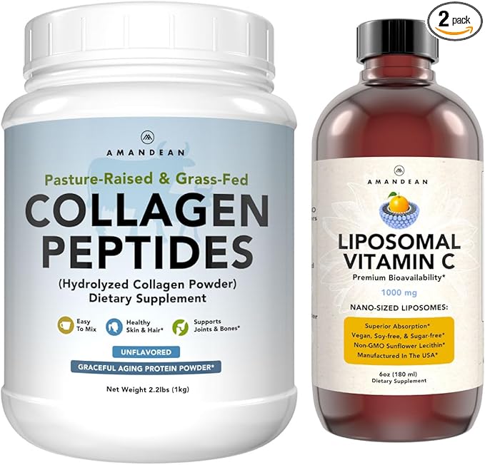 AMANDEAN Premium Liposomal Vitamin C &amp Bovine Collagen Peptides Bundle. Powerful Antioxidant. Liquid Quali-C. Grass-Fed Collagen. Hydrolyzed Type 1 &amp 3. Immune Support. Healthy Skin Hair &amp