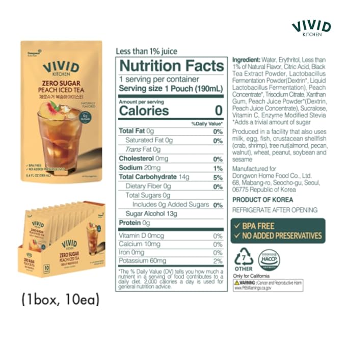 VIVID KITCHEN Peach Iced Tea Pouch Drinks – Zero Sugar Zero Calories | Korean Convenience Store Drink | No Artificial Preservatives or Corn Syrup | 6.4 fl oz (10 Pouches) (10 Pouch Peach Iced Tea)