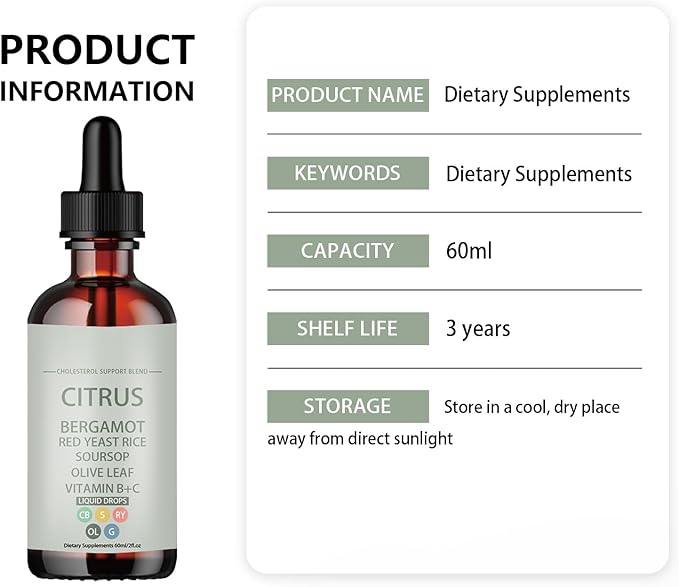 Red Yeast Rice DropsCholesterol Support Blend with Citrus Bergamot Red Yeast Rice Soursop Olive Leaf Vitamin B+CNon-GMO Natural Vegan 2 fl oz Dietary Supplement (Pack of 2)