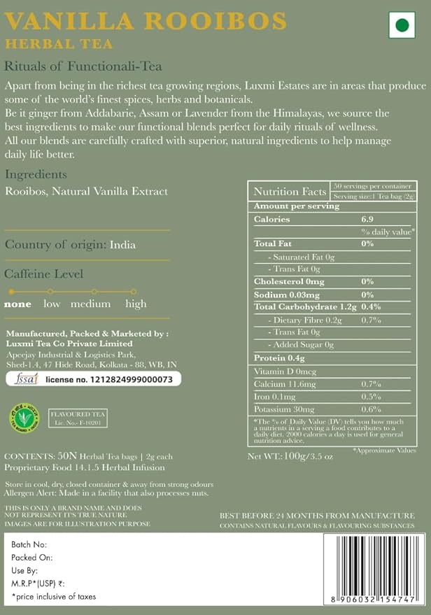 Luxmi Estates Rooibos Vanilla Organic Rooibos Tea (50 Tea Bags) Caffeine Free Tea Bags Herbal Tea
