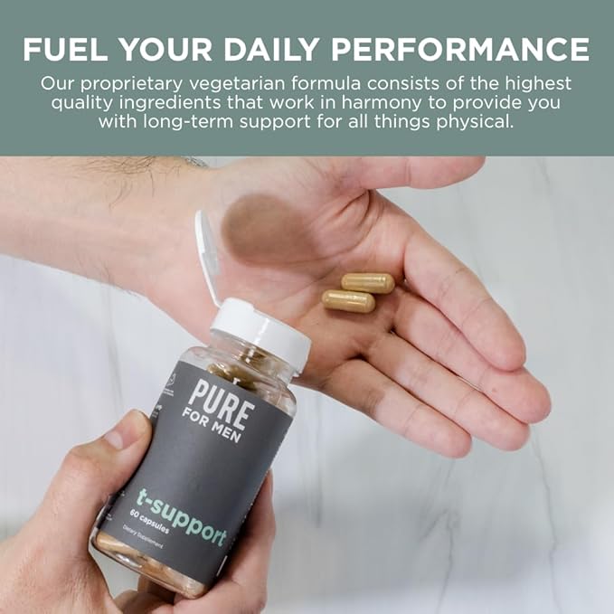 Pure for Men T-Support Supplement | Vegetarian Total Support for Men with Maca Vitamin D &amp Ashwagandha Muscle Health | Endurance Strength Focus &amp Energy Support | 60 Capsules
