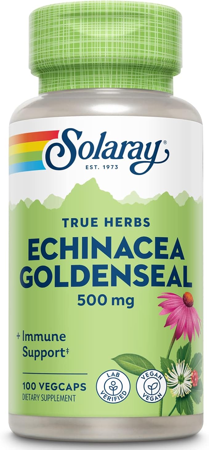 SOLARAY Echinacea Root &amp Goldenseal Root Supplement - 500 mg per Serving Non-GMO Vegan &amp Lab Verified - 100 Count VegCaps