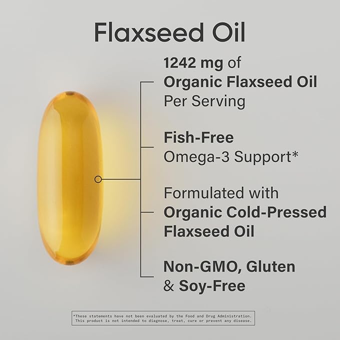 Sports Research Organic Flaxseed Oil Softgels 1242mg - Plant Based Omega 3 Supplement with 720mg ALA for Women &amp Men - Non-GMO Soy &amp Gluten Free (200 Count)