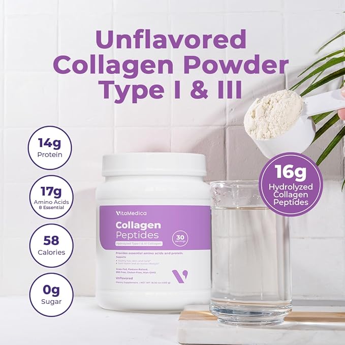 VitaMedica Collagen Peptides Powder for Women &amp Men - Healthy Hair Skin Nails Bones and Joints - Hydrolyzed Types I &amp III Grass-Fed Pasture-Raised Protein Zero Sugar - Pack of 2