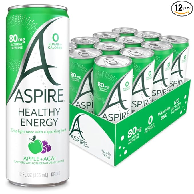 ASPIRE® Apple Acai Healthy Energy Drink 80mg Natural Caffeine Zero Sugar No Carbs Keto Friendly 12 Pack Green Tea Sugar Free Drink Low Caffeine Zero Calorie
