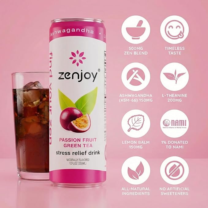 Zenjoy Stress Relief Drink Calming Green Tea Non Alcoholic Ashwagandha &amp Lemon Balm for Stress Relief L - Theanine for Focus (12 Pack) (Passion Fruit)