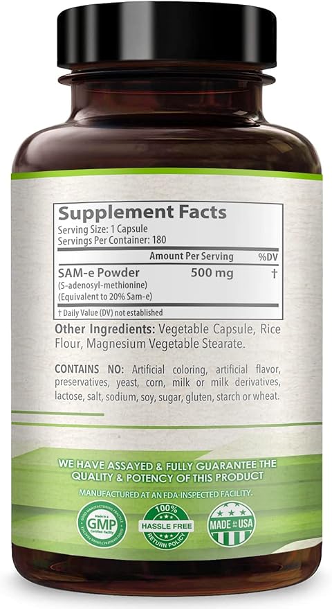 500mg SAM-e Supplement - High Strength 500mg S-Adenosyl-L-Methionine Capsules for Brain Liver and Mood Support - Non-GMO High Absorption Same Supplement (360 Servings)